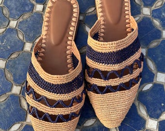 Handmade Raffia Sandals: Woven Mules with Leather Lining