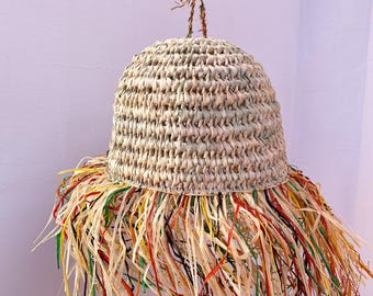 Handmade Boho Moroccan Lampshade – straw ball pendant light with Colorful Raffia fringes