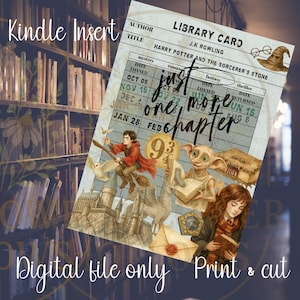 May include: A digital print featuring a library card design with illustrations of Harry Potter characters and the text "just one more chapter." The card includes dates and the title "Harry Potter and the Sorcerer's Stone."