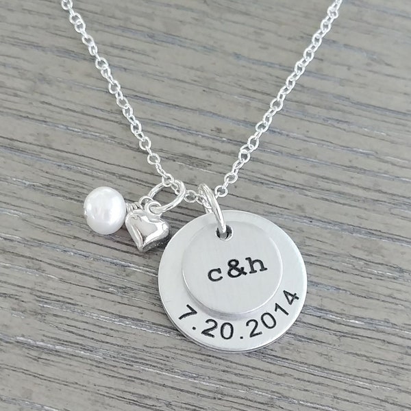 Couples Necklace hand stamped with initials and date - personalized disc necklace - personalized pendant with pearl and heart charm