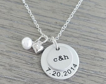 Hand Stamped Couples Necklace: Initials, Date, Pearl, Heart Charm