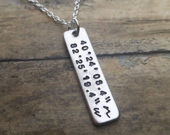 Custom Coordinates Necklace, Coordinate Bar, Hand Stamped Coordinates, Coordinate Necklace, Location Necklace, Latitude Longitude Necklace