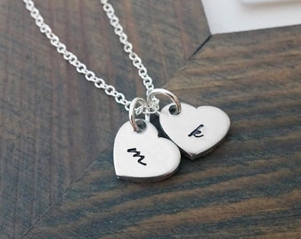 Tiny Silver Heart Necklace with Personalized Initial / Custom Initial Necklace / hand stamped letter / dainty heart charm
