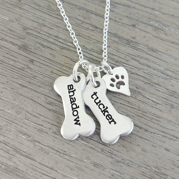 Dog Necklace Personalized // Dog Paw Necklace // Dog Jewelry // Paw Print // Pet Memorial // Dog Bone Charm Necklace // Hand Stamped Jewelry