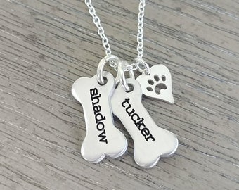 Dog Necklace Personalized // Dog Paw Necklace // Dog Jewelry // Paw Print // Pet Memorial // Dog Bone Charm Necklace // Hand Stamped Jewelry