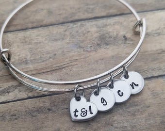 Family Initials Bracelet, Kids Initials and Parents Initials, Silver Bangle, Personalized Bangle Bracelet, Hand Stamped Jewelry