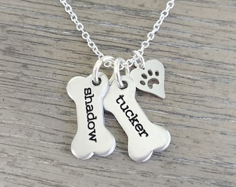 Personalized Pet Jewelry // Dog Paw Necklace // Dog Jewelry // Paw Print // Pet Memorial // Dog Bone Charm Necklace // Hand Stamped Jewelry