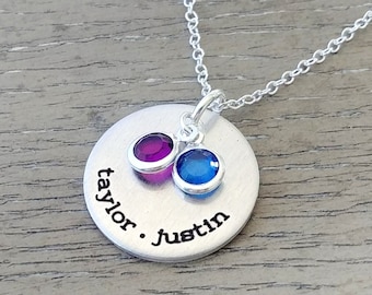 Personalized family necklace with kids names and birthstones - silver hand stamped family jewelry