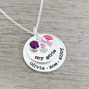 My Girls Necklace / Personalized Family Necklace with Kids Names and Birthstones / Custom Necklace for Mom of Girls / Hand Stamped Jewelry