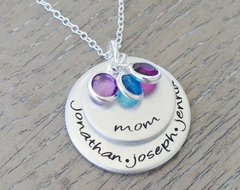 Personalized family necklace hand stamped with mom and kids names and birthstones - layered necklace for mom