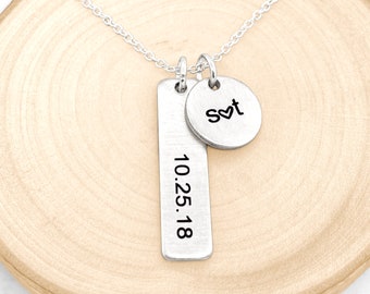 Initiële schijfketting | Datum ketting | Aangepaste datum ketting | Gepersonaliseerde datum bar ketting