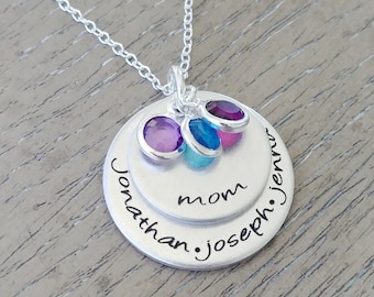 Mom necklace - personalized layered necklace hand stamped with mom and kids names and birthstones