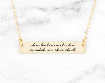 Gold She Believed She Could So She Did Necklace, Gold Quote Necklace, Gold Strength Pendant, Gold Motivational Necklace, Gold Bar Necklace