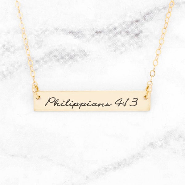 Gold Philippians 4 13 Necklace, Gold Bible Verse Necklace, Gold Christian Necklace, Gold Bar Necklace