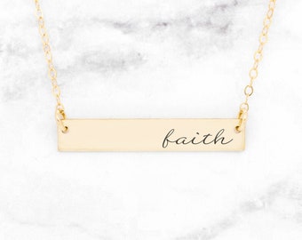 Gold Faith Necklace, Gold Strength Jewelry, Gold Motivational Bar Necklace, Gold Bar Necklace, Gold Mantra Pendant