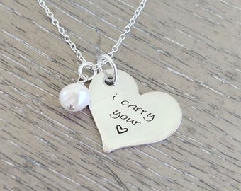 I Carry Your Heart Necklace / Sterling Silver Engraved Jewelry / Sympathy Gift / Miscarriage Necklace