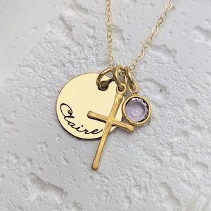 First Communion Necklace • Sterling Silver Cross Necklace with Personalized Name Charm and Birthstone • First Communion Gift • Confirmation