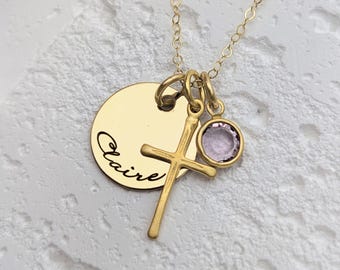 Naszyjnik z okazji Pierwszej Komunii • Naszyjnik z krzyżem ze srebra próby 925 z personalizowaną zawieszką z imieniem i kamieniem szlachetnym • Prezent z okazji Pierwszej Komunii • Bierzmowanie