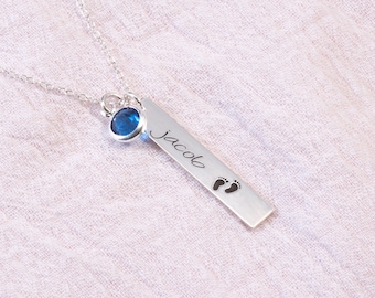 Baby Feet Necklace, Kids Name Necklace, Vertical Bar Necklace, New Mom, Mommy Jewelry, Baby Boy