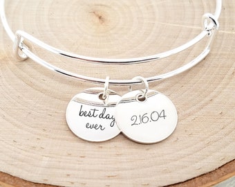 Personalized Date Bangle Bracelet, Sterling Silver Date Bracelet, Anniversary Date Bracelet, Personalized Bracelet, Custom Engraved Bracelet