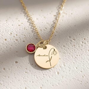 Custom Name Necklace With Birth Flower • Personalized Birthstone Birth Flower Necklace • Birthstone Necklace • Birth Flower Disc Necklace