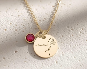 Custom Name Necklace With Birth Flower • Personalized Birthstone Birth Flower Necklace • Birthstone Necklace • Birth Flower Disc Necklace