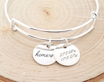 Personalized Silver Coordinate Bracelet, Custom Coordinate Bangle, Location Bracelet, Home Is Where The Heart Is Bracelet