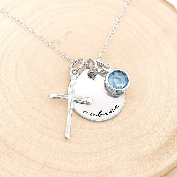 Bevestigingscadeau • Sterlingzilveren kruisketting met gepersonaliseerde naambedel en geboortesteen • Gepersonaliseerde kruisketting
