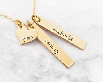 Gold Personalized Necklace, Initial Necklace, Name Pendant, Hand Stamped Jewelry, Heart And Bar Jewelry