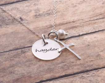 Confirmation Gift // Sterling Silver Cross Necklace with Personalized Name Charm and Pearl - Hand Stamped Jewelry