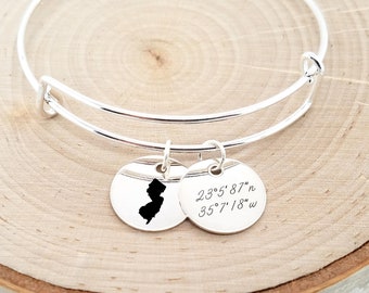 Personalized Silver Coordinate Bracelet, Custom State Bangle, Location Bracelet, Custom Coordinates Bracelet