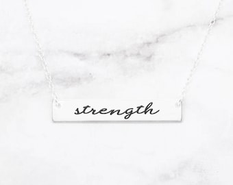 Strength Necklace, Inspirational Jewelry, Strength Jewelry, Motivational Bar Necklace, Mantra Pendant, Strength And Dignity