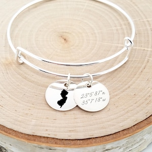 Personalized Silver Coordinate Bracelet, Custom State Bangle, Location Bracelet, Custom Coordinates Bracelet