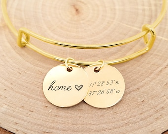 Personalized Gold Coordinate Bracelet, Custom Gold Coordinate Bangle, Gold Location Bracelet, Home Is Where The Heart Is Bracelet