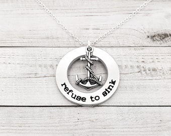 Refuse To Sink - Hand Stamped Washer Necklace with Anchor Charm, Anchor Necklace, Personalized jewelry, Hope anchors the soul