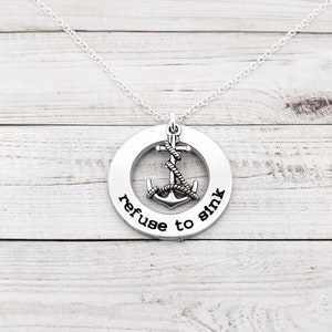 Refuse To Sink - Hand Stamped Washer Necklace with Anchor Charm, Anchor Necklace, Personalized jewelry, Hope anchors the soul