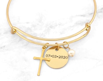 Bracelet jonc personnalisé : breloque croix, disque en argent sterling