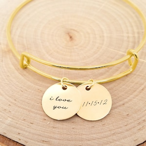 Personalized Gold Bangle Bracelet, Gold Anniversary Bracelet, Gold Date Bracelet, Personalized Gold Bracelet, Custom Engraved Gold Bracelet