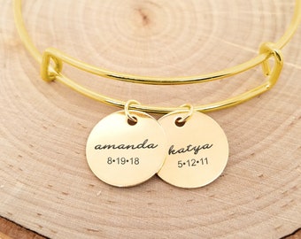 Pulsera rígida personalizada de oro, pulsera infantil de oro con nombre, pulsera con fecha de oro, pulsera de oro personalizada, pulsera de oro grabada a medida