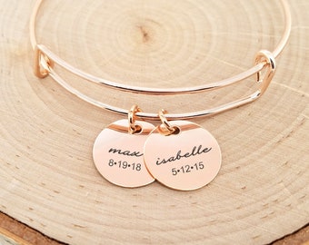 Rose Gold Personalized Bangle Bracelet, Rose Gold Kids Name Bracelet, Rose Gold Date Bracelet, Personalized Rose Gold Bracelet