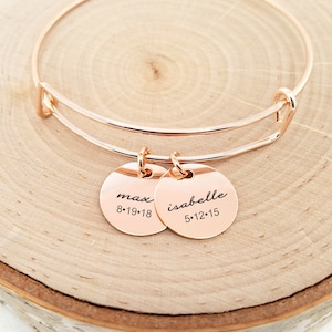 Rose Gold Personalized Bangle Bracelet, Rose Gold Kids Name Bracelet, Rose Gold Date Bracelet, Personalized Rose Gold Bracelet