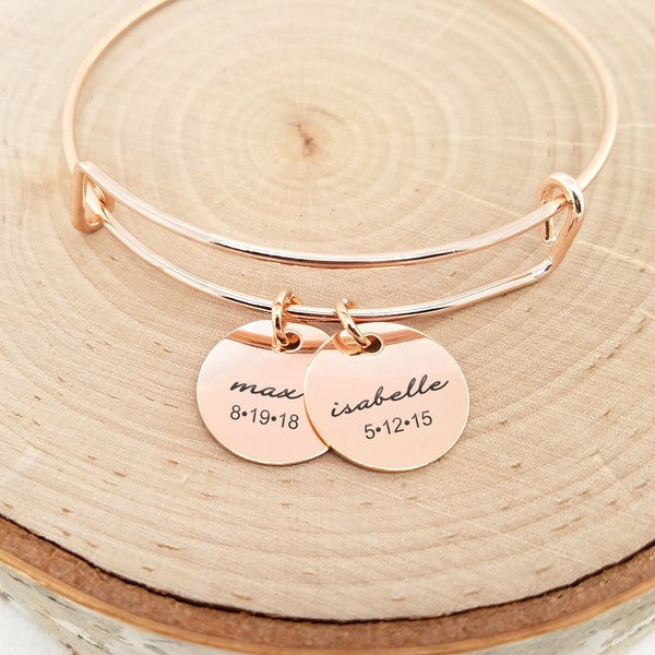 Rose Gold Personalized Bangle Bracelet, Rose Gold Kids Name Bracelet, Rose Gold Date Bracelet, Personalized Rose Gold Bracelet