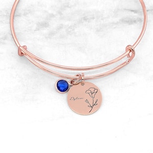 Birthstone Birth Month Flower Bracelet • Personalized Birth Flower Bangle • Birthstone Bracelet • Custom Birth Flower Bangle
