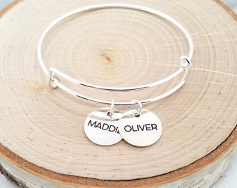 Personalized Sterling Silver Name Bangle Bracelet: Engraved Charm Bracelet