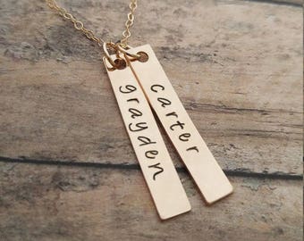 Hand Stamped Jewelry, Gold Name Necklace, Gold Bar Necklace, Gold Bars, Personalized Necklace with Kids Names, Family Necklace Gold Necklace