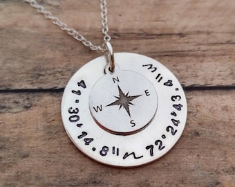 Latitude Longitude Necklace: Personalized Sterling Silver Compass Charm