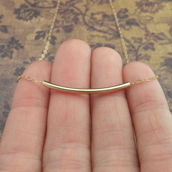 Gold Curved Tube Necklace / Simple Necklace / Curved Bar / Minimalist Jewelry / Everyday Necklace / Sterling Silver Curved Bar Necklace