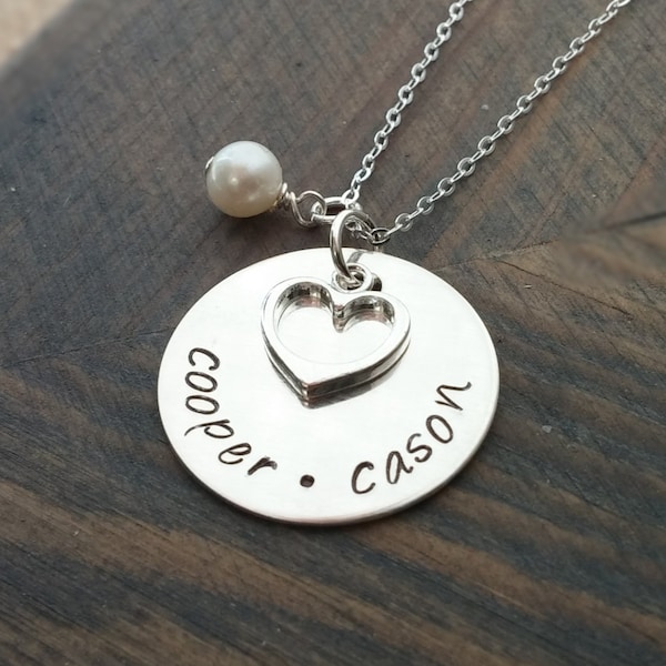 Hand Stamped Jewelry // Personalized Necklace // Necklace with Kids Names // Sterling Silver Disc Necklace