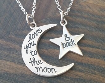 Conjunto de collar de luna y estrella en plata de ley: joyería para madre e hija