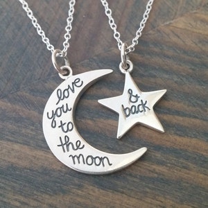 Set sterlingzilveren ketting met maan en ster: moeder-dochtersieraden